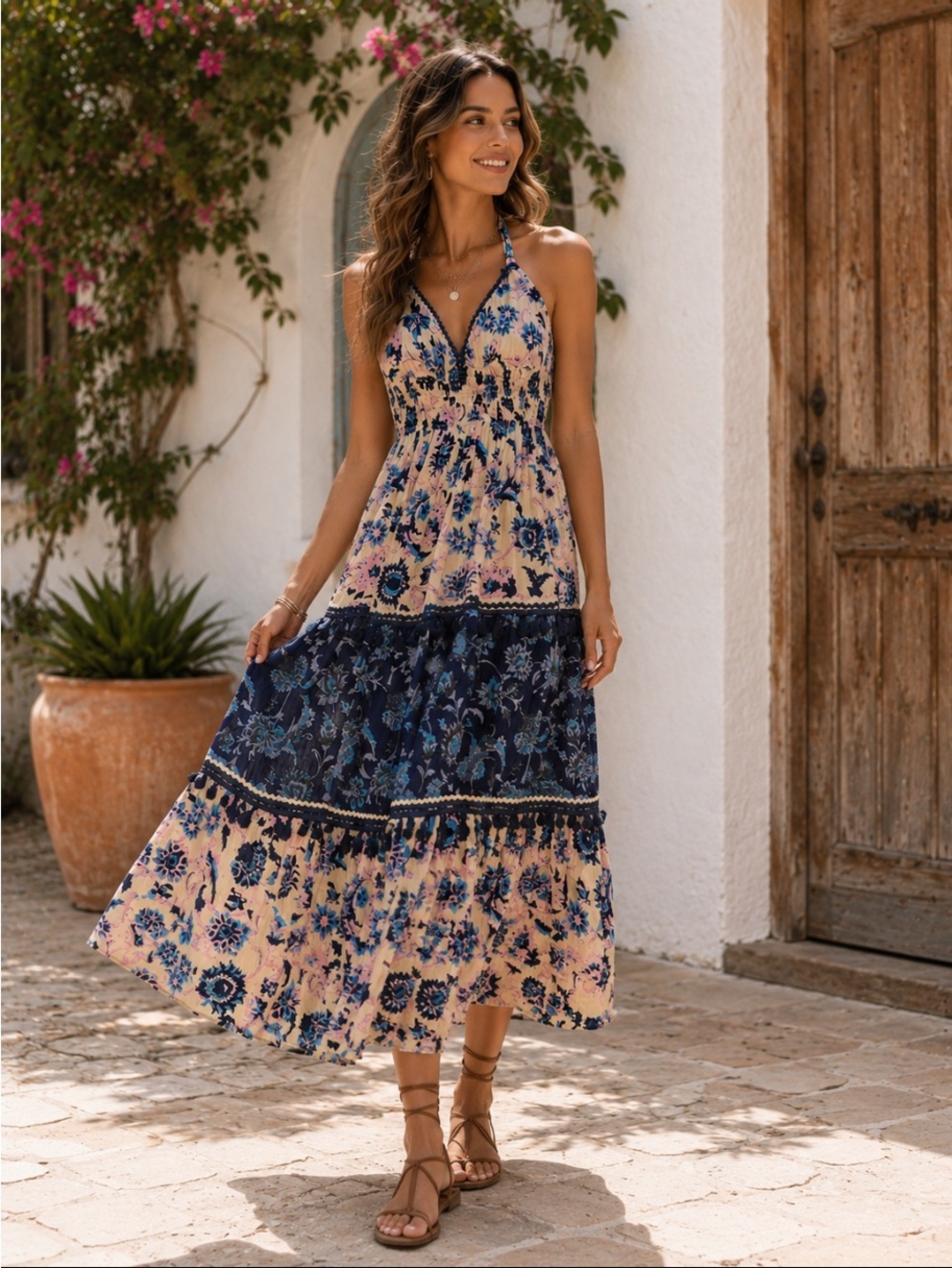 Area Stars Riviera Floral Tassel Halter‎ Maxi Dress 
Size M MSRP $248
